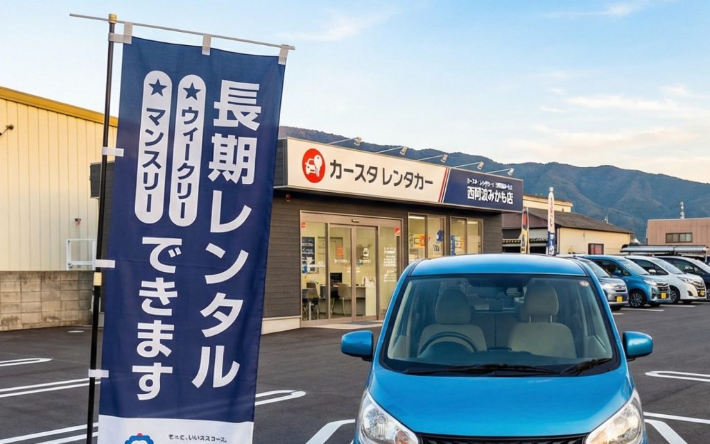 東みよし町のカースタレンタカー西阿波みかも店の店舗と車両